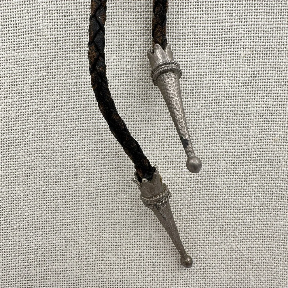 Vintage Western Bolo Tie Silver Tone Horse Saddle Slide Braided Leather Cord Y2K